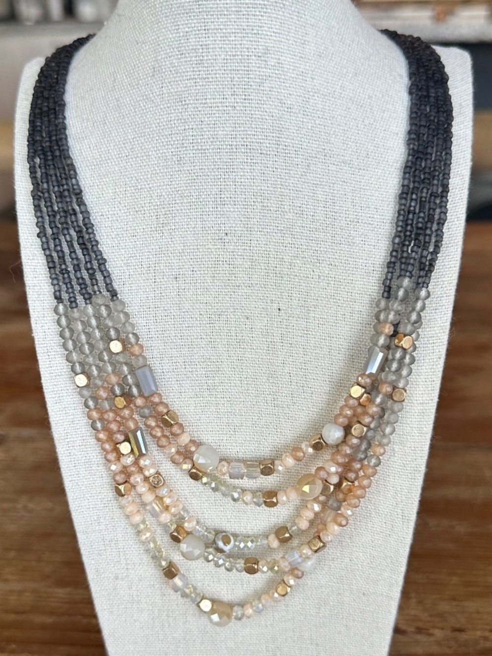 Boho Multi-Strand Gemstone Statement Necklace Gray Gold Blue - Picture 6 of 15